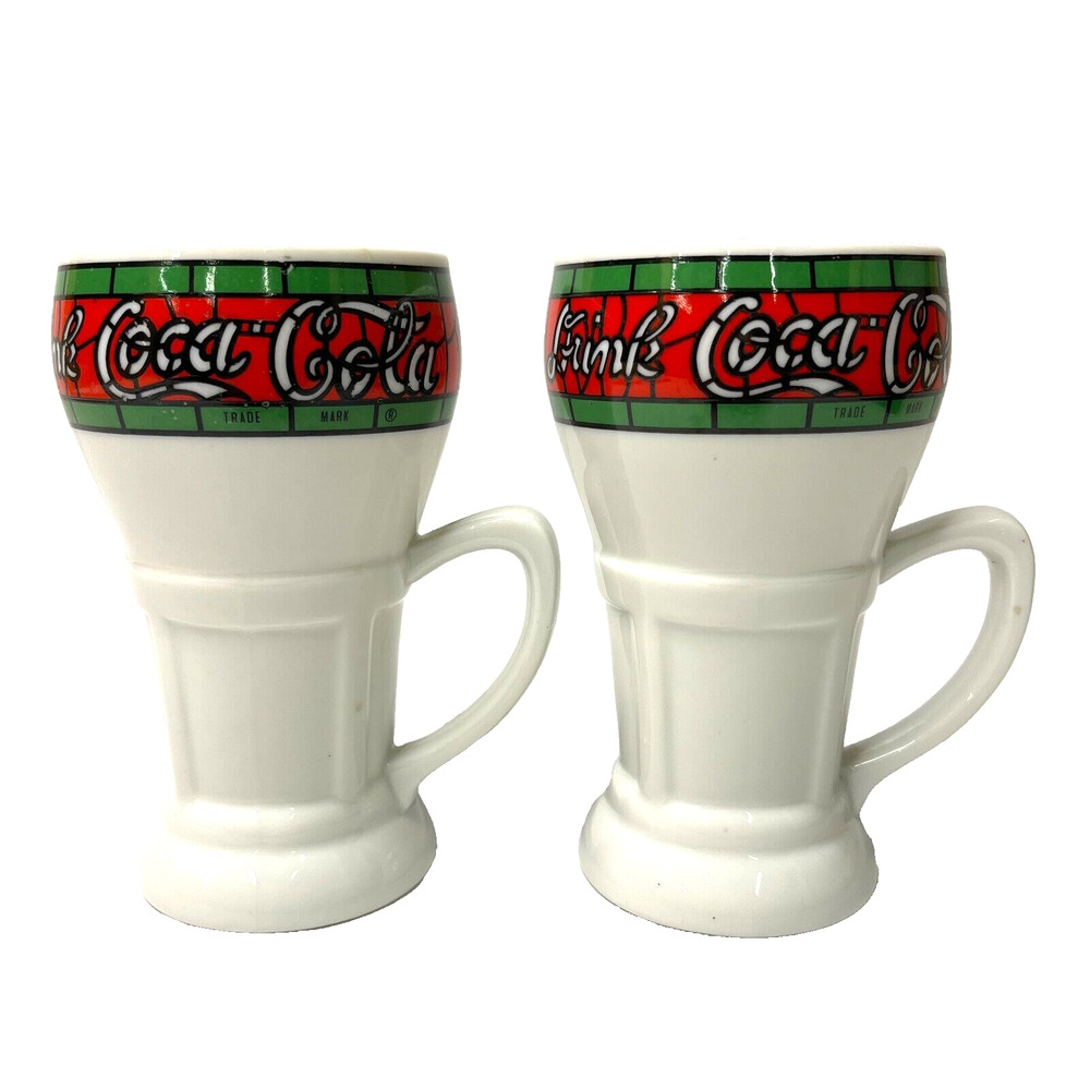 Set of 2 CocaCola Mann Made Mugs Exclusive White Ceramic Coffee Tea Cups Vintage